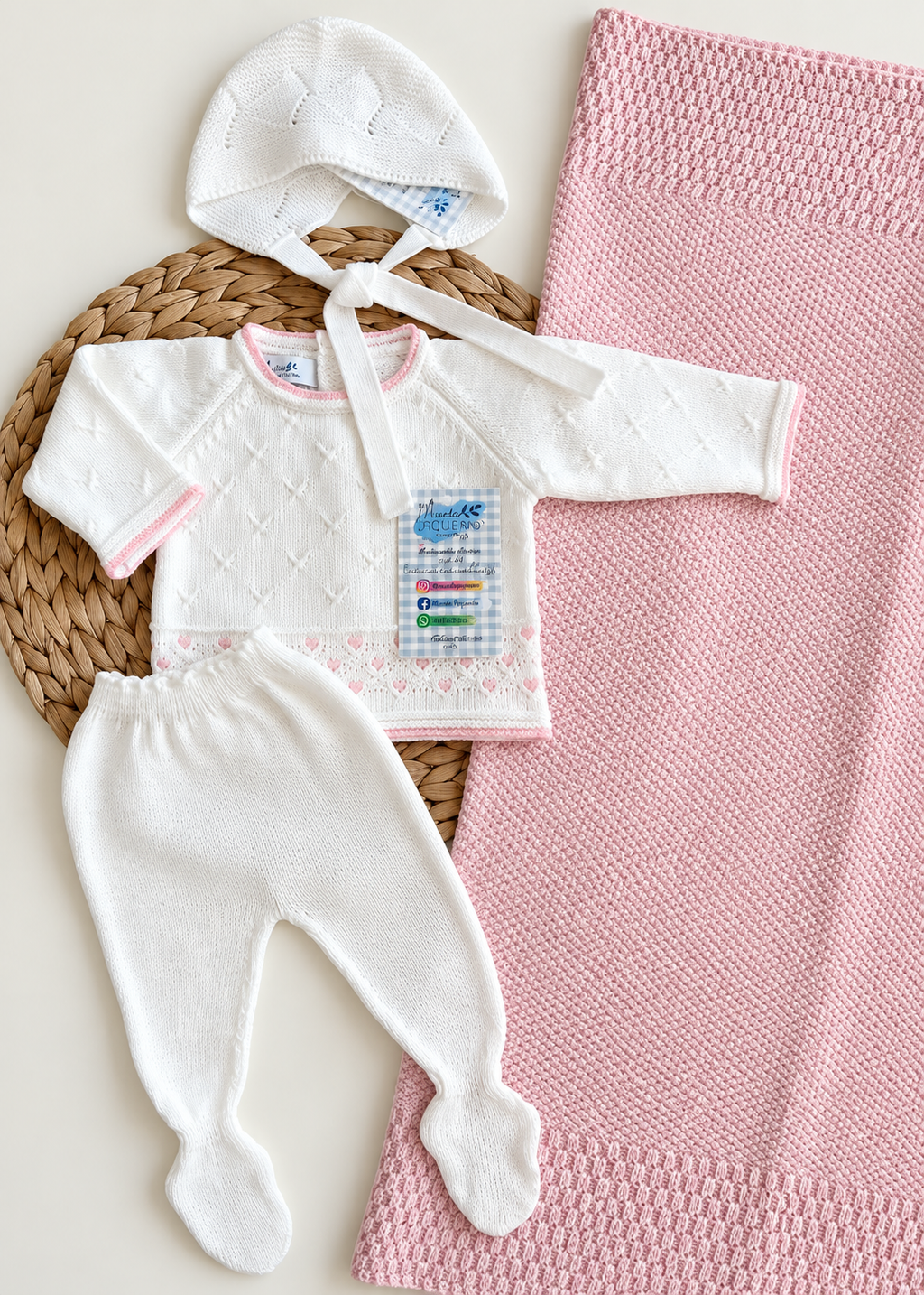 Conjunto bodoques blanco y rosa empolvado