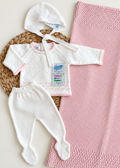 Conjunto bodoques blanco y rosa empolvado