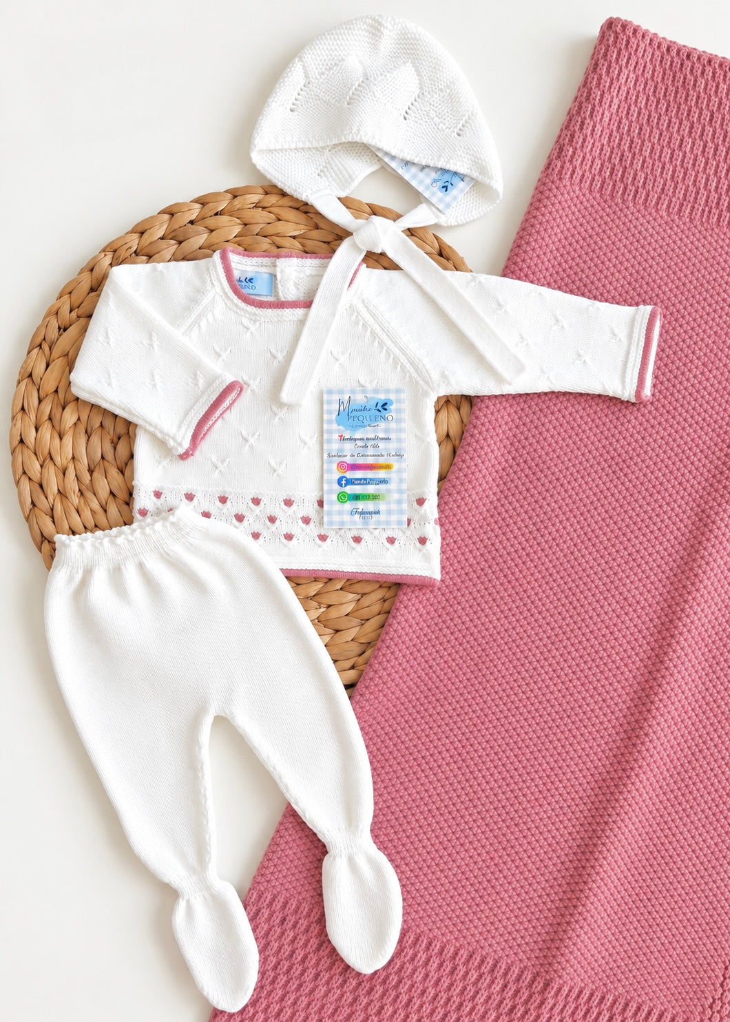 Conjunto bodoques blanco y rosa palo