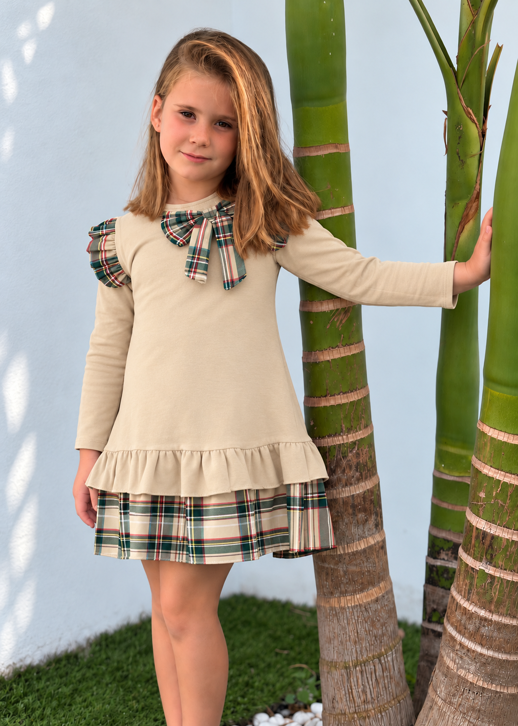 Vestido tartán beige